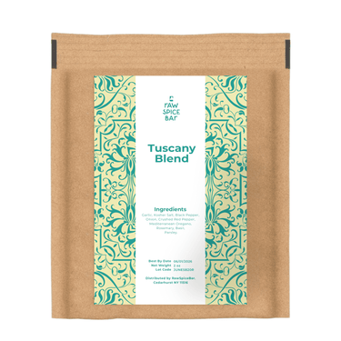 Tuscany Blend Italian seasoning with rosemary, thyme, sage, garlic, and herbs in a 2oz package for authentic Tuscan cooking.